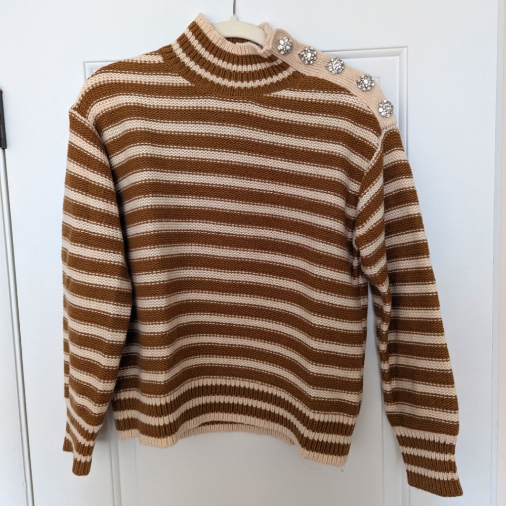 J.Crew NWT Striped Mockneck Sweater with Rhinestone Buttons